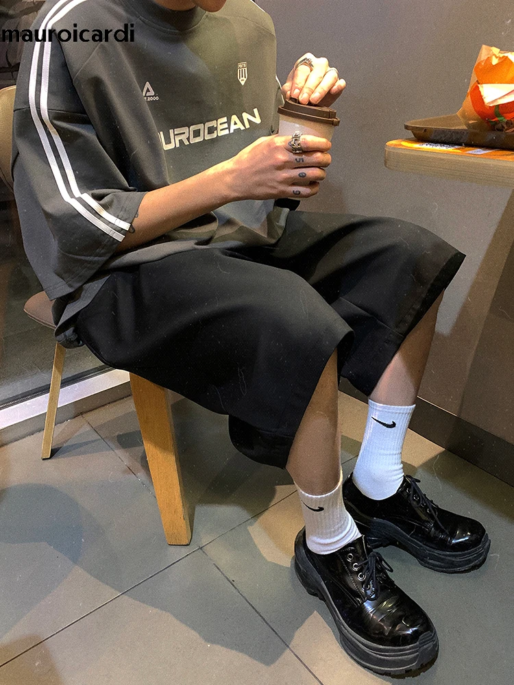 Mauroicardi Spring Summer Loose Casual Soft Black Pleated Shorts for Men Mens with High Waist Short Straight Pants Clothes 2024 2