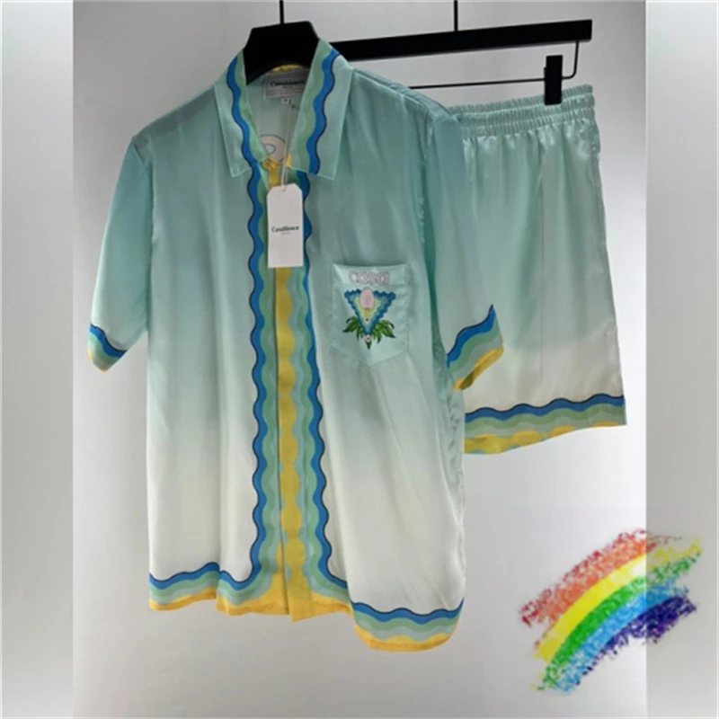 

Soft Silk Casablanca Shirt Gradient Casual Couple Hawaiian Short Sleeve Shirt for Men Women