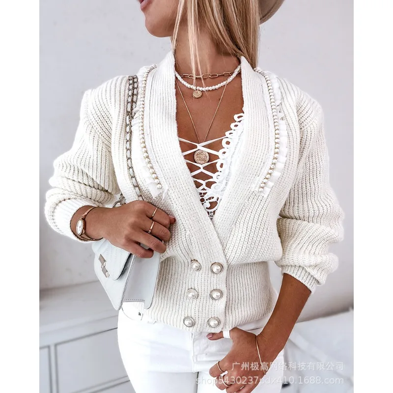 

Cardigan V-neck Sweater Pearls Decor Flower Short Knitted Cardigan Women Long Sleeve Sweaters Solid Color Frill Hem Cardigan
