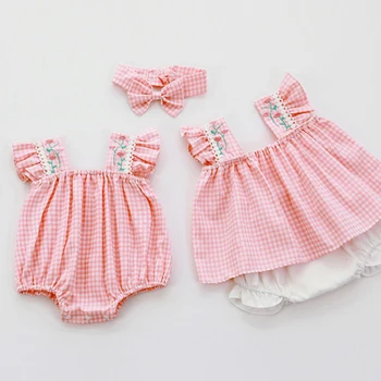 Summer Baby Girl Clothing Set Fly Sleeve Embroidered Lattice T-shirt+Shorts Newborn Baby Girl Rompers Sister Clothes