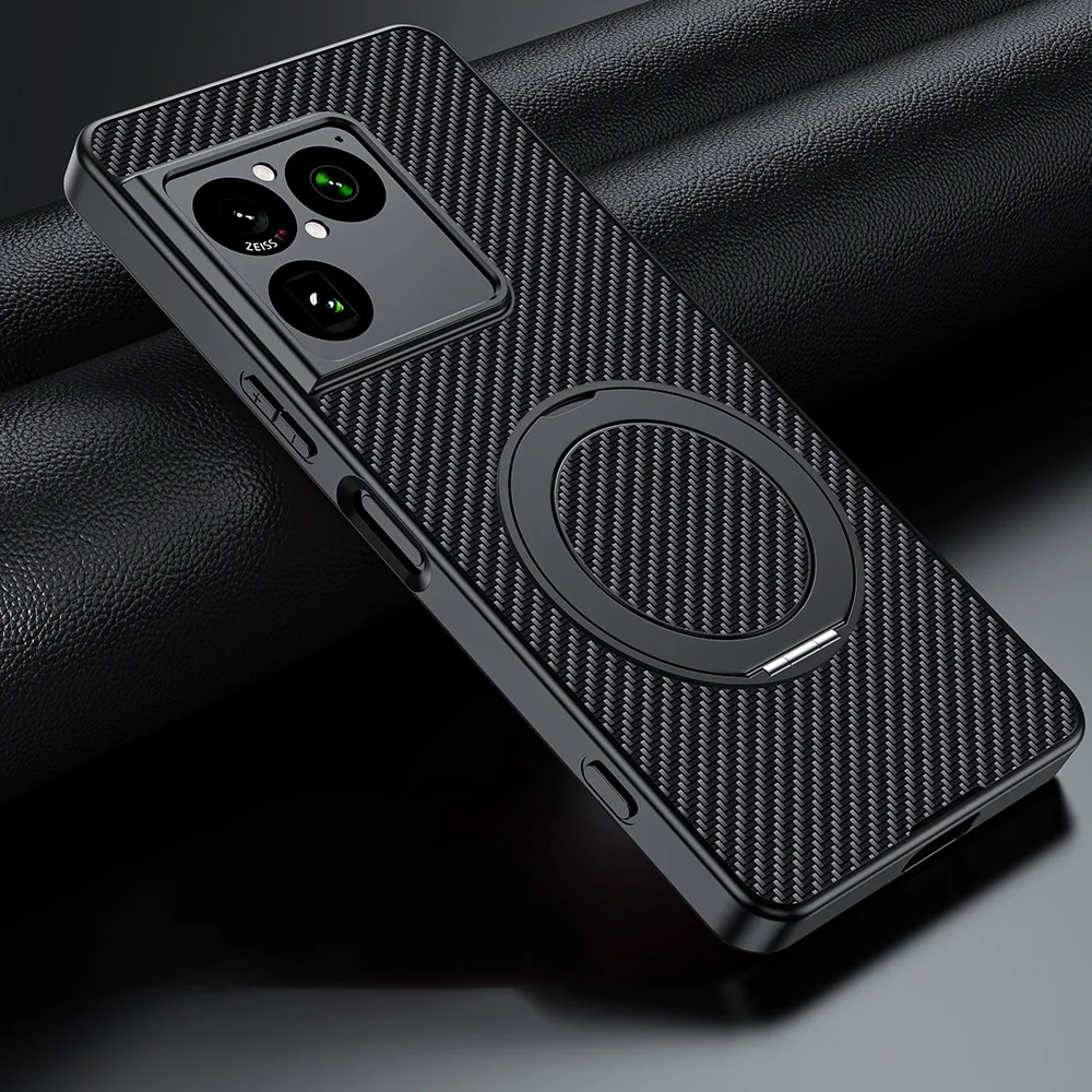 Carbon Fiber Texture Magnetic Case with 360° Rotatable Ring Kickstand - Shockproof and Anti-Slip Protective PU Leather