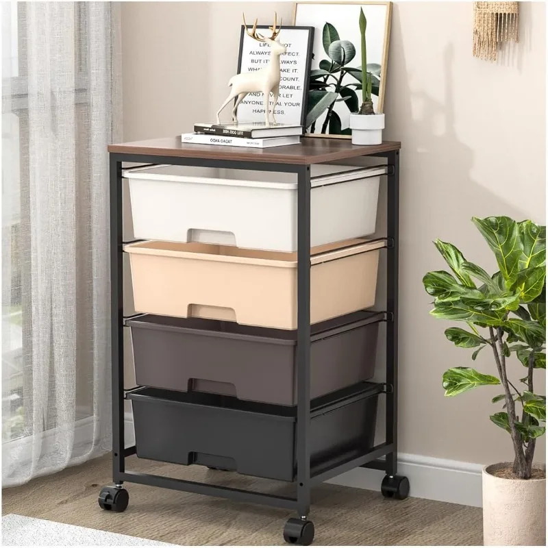 Utility Cart with 4 Drawers,Rolling Storage Cart with Drawers,Storage Rolling Drawer Wooden Tabletop for Bedroom