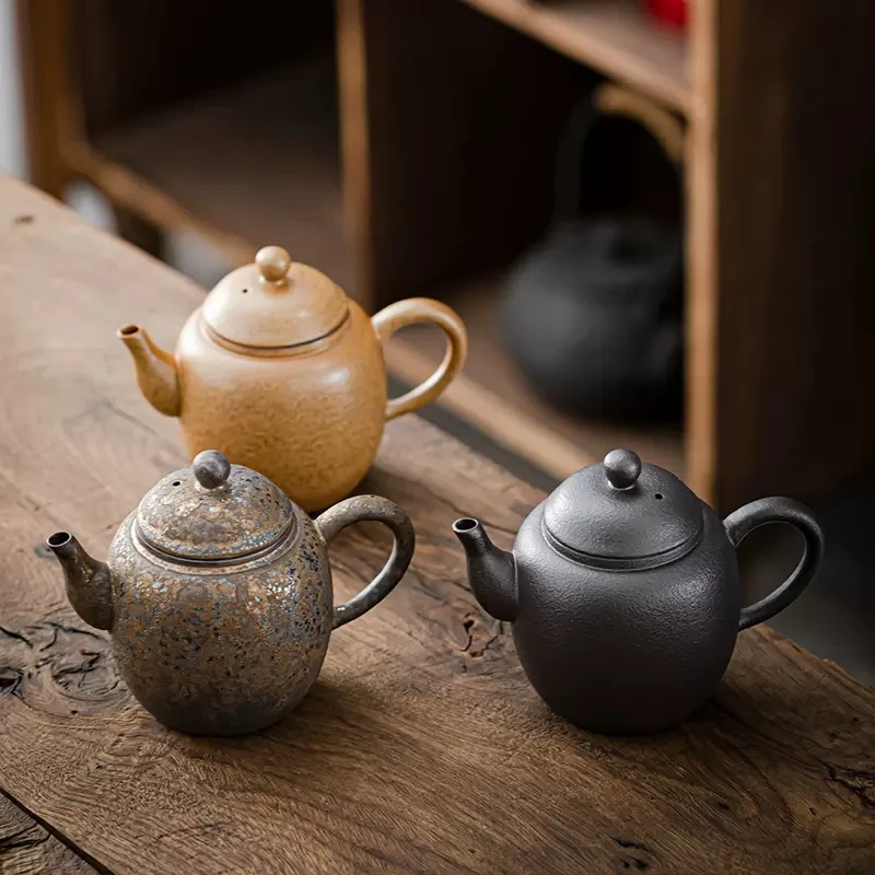 Chinese style retro stoneware persimmon shape hand-held teapot, handmade pottery kiln, personalized tea maker