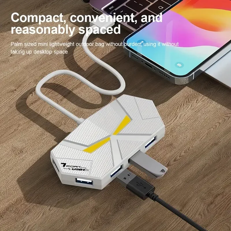4-Port/7-Port USB Hub with Colorful Light Type-C Port for Laptops, Keyboards, Mice, U Disk & Hard Drive Expansion USB Hub