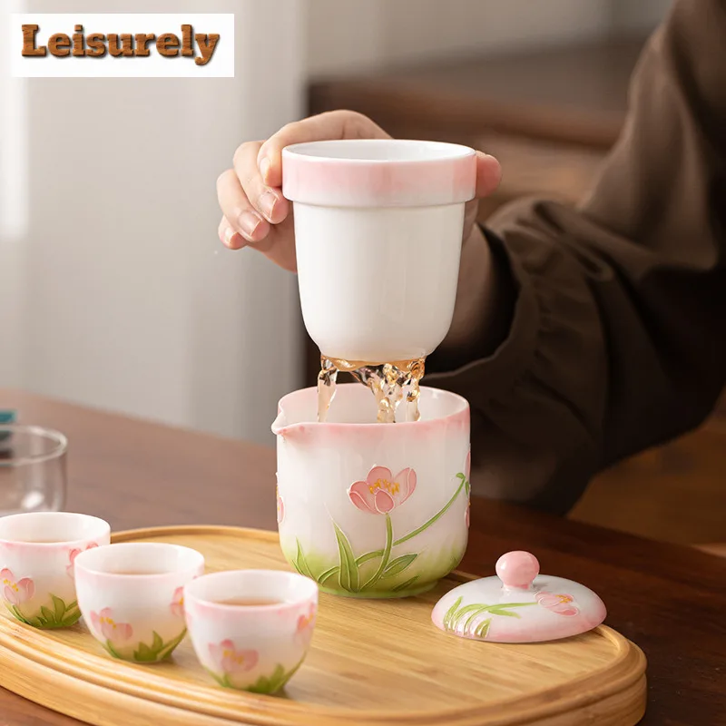 Ice Jade Porcelain Hand-painted Bamboo Lotus Travel Tea Set Kit Zen 1 Pot 3 Cups Tea Brewing Organizer Portable Picnic Handbag