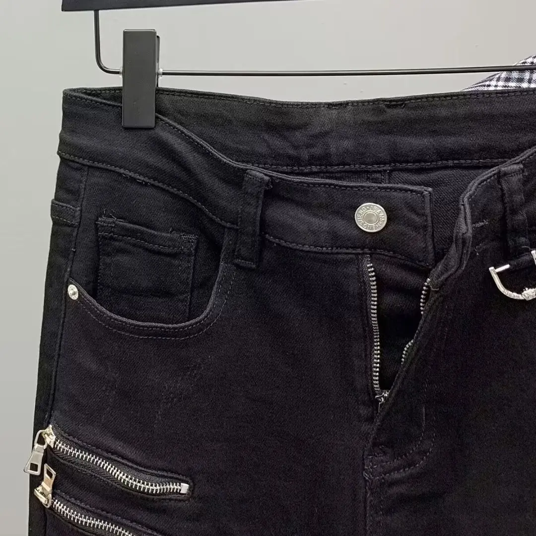 New Black Zipper Men's Fashion Slim Hole Pants Handsome Ripped Skinny Design Straight Trousers