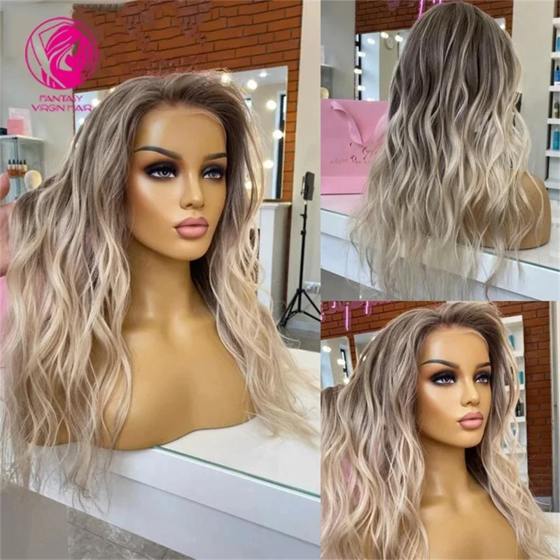 

Ash Blonde Balayage Human Hair Frontal Wigs 13x4/13x6 Lace Front Wig Water Wave Long 30inchs Honey Blonde Remy Hair For Women