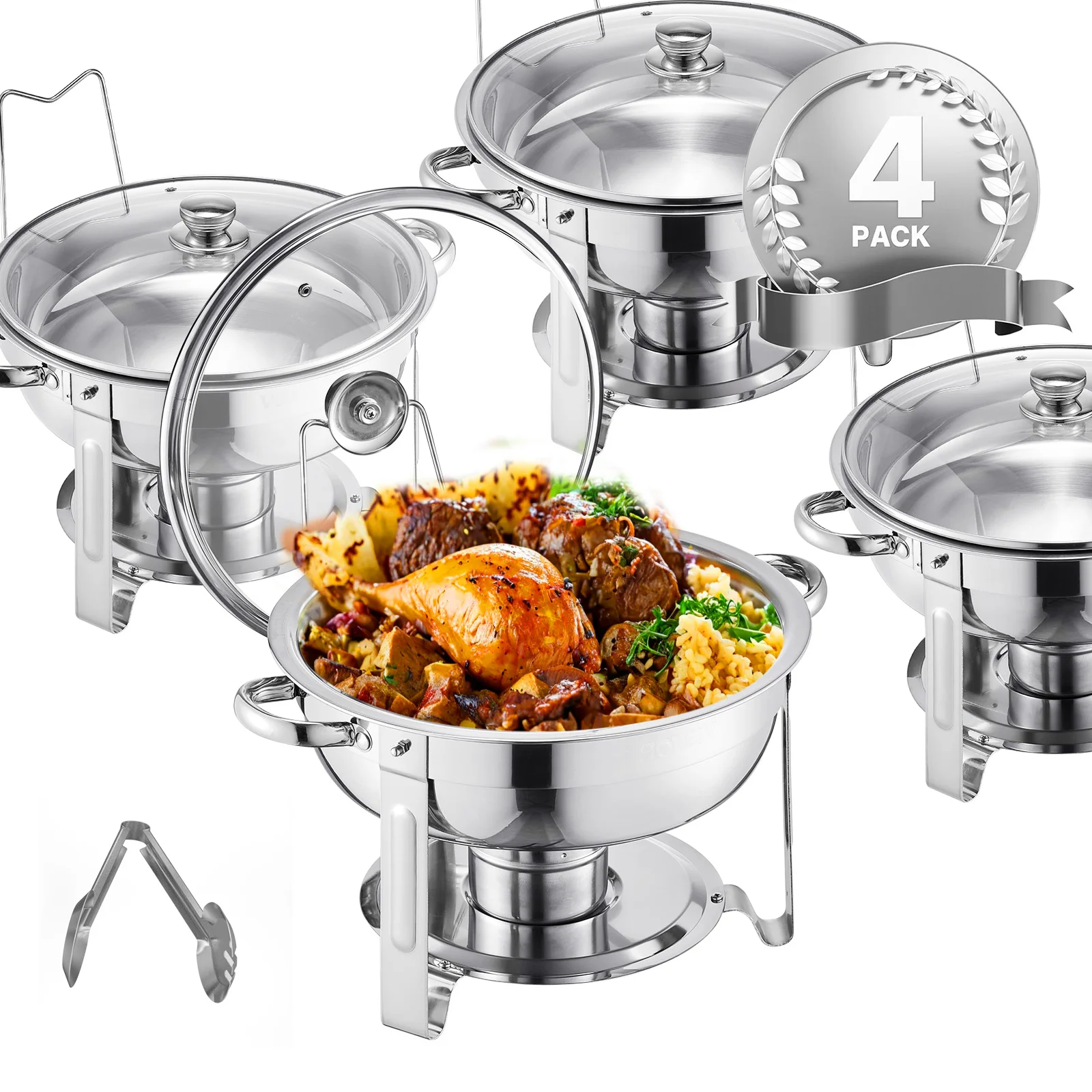 SucceBuy 5 Qt 2 4 Pack Round Chafing Dish Buffet Set Stainless Steel Chafer w/ 4 Full Size Pan Catering Warmer Server for Party