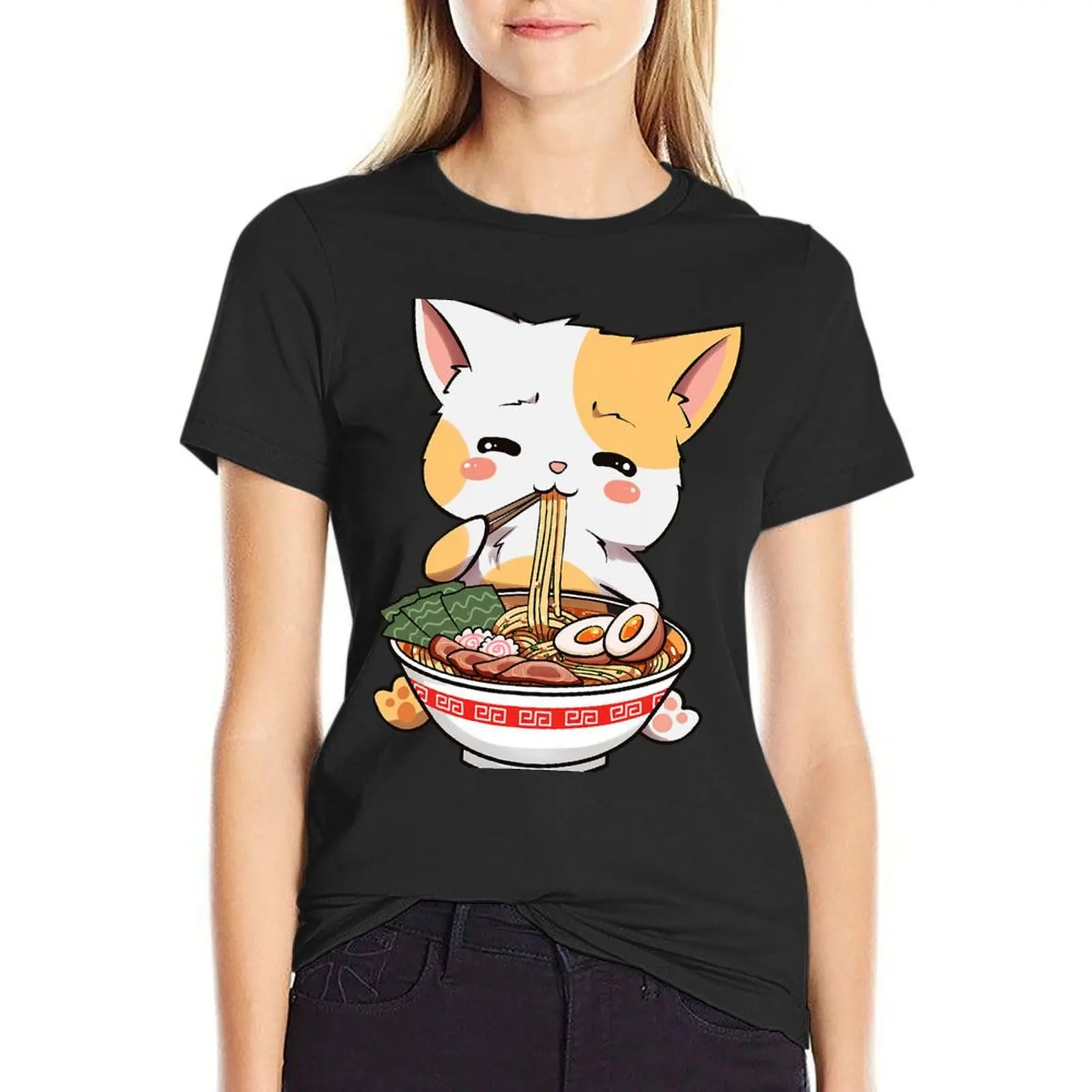 

Kawaii Neko Ramen Cute Ramen Cat Japanese Noodle Funny Anime T-shirt summer top summer tops Women's summer blouses 2024