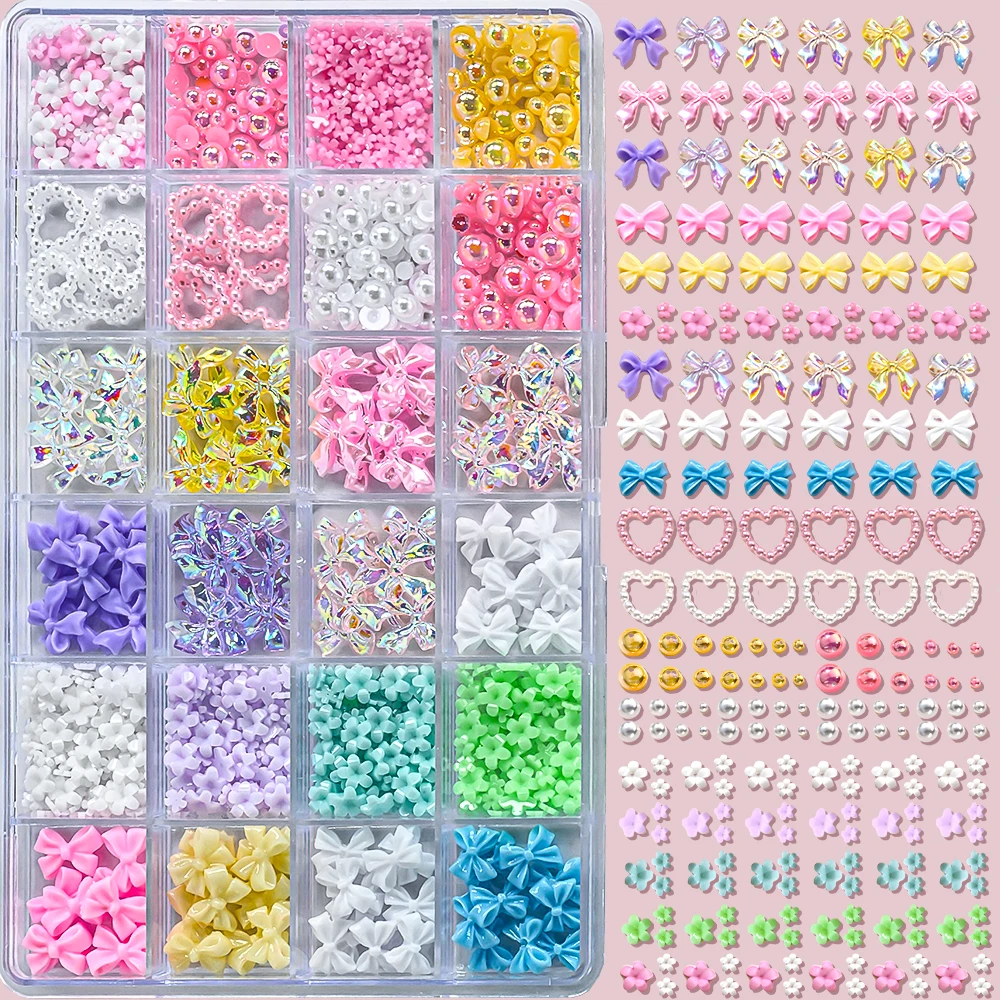 Mixed Resin Bowknot 3D Colorful Nail Charms - Kawaii Rhinestone Nail Art Decorations Set