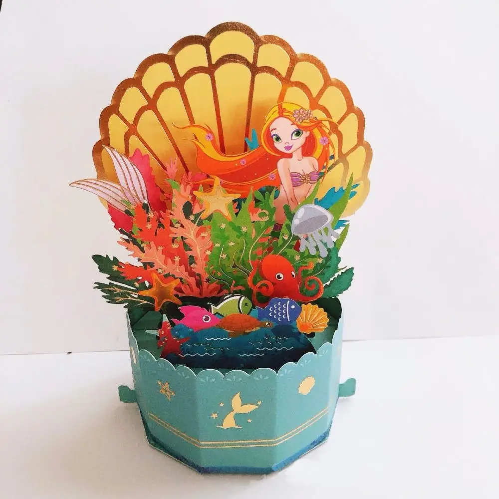 3D Pop Up Greeting Card Merry Christmas Card New Year Greeting Card Blessing Postcard Swan Mermaid Thank You Cards Decor Gifts