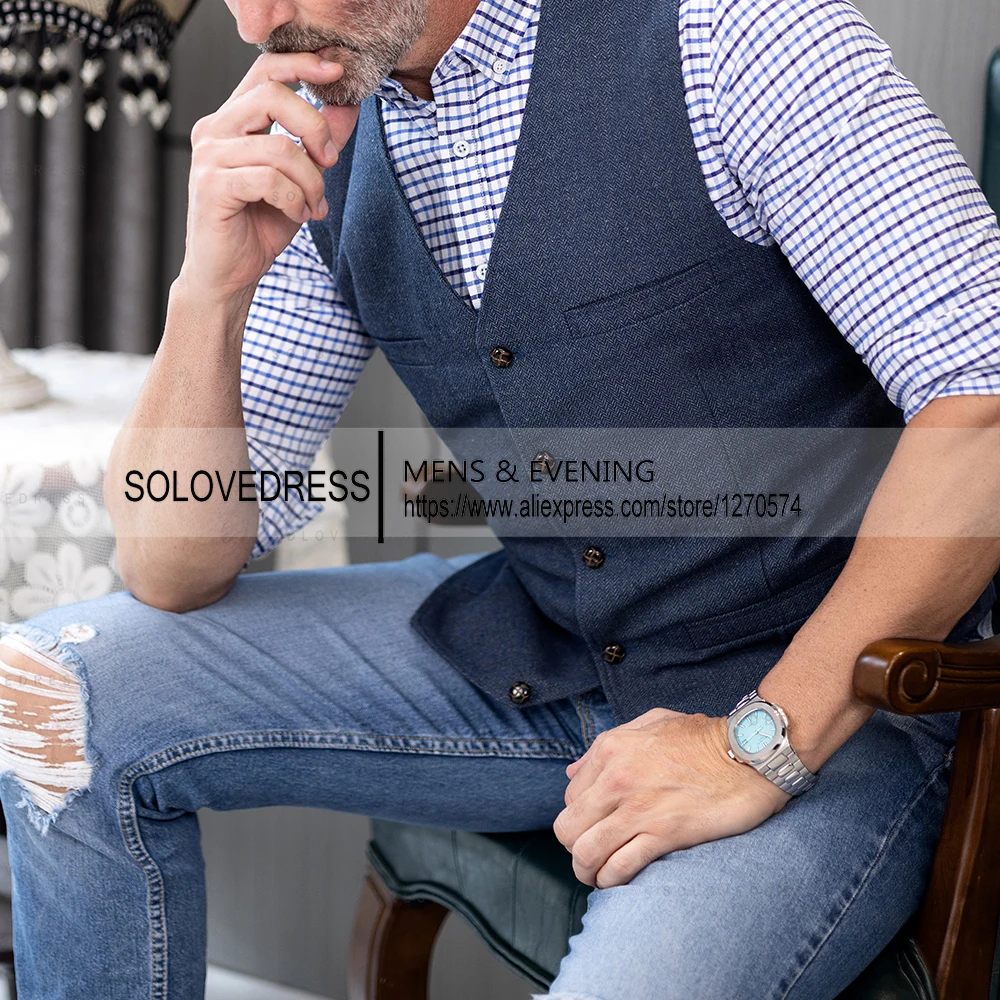 In Stock V Neck  Herringbone Tweed Slim Fit Business Waistcoat Men's Casual Classic Suit Vest  For Wedding 3