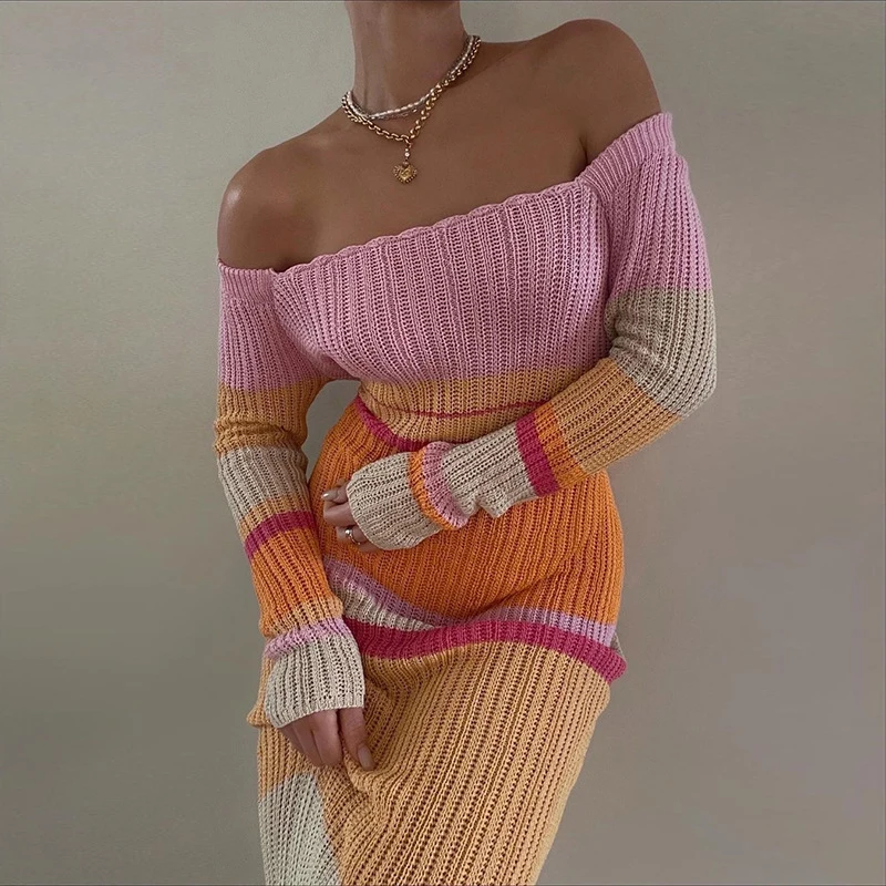 

2023 Women Slash Neck Long Sweater Dress Autumn Winter Striped Maxi Bodycon Knitted Dresses Female Long Holiday Dress Robe