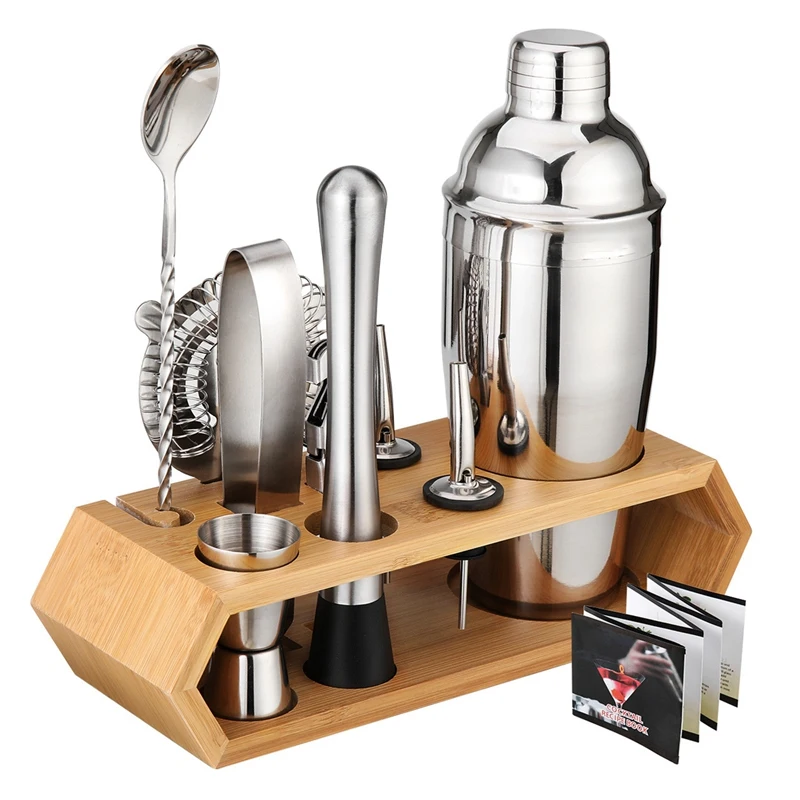 

10 Pcs Cocktail Shaker Set Jigger Mixing Spoon Tong Barware Bartender Tools With Wood Storage Stand Bars Mixed Drinks
