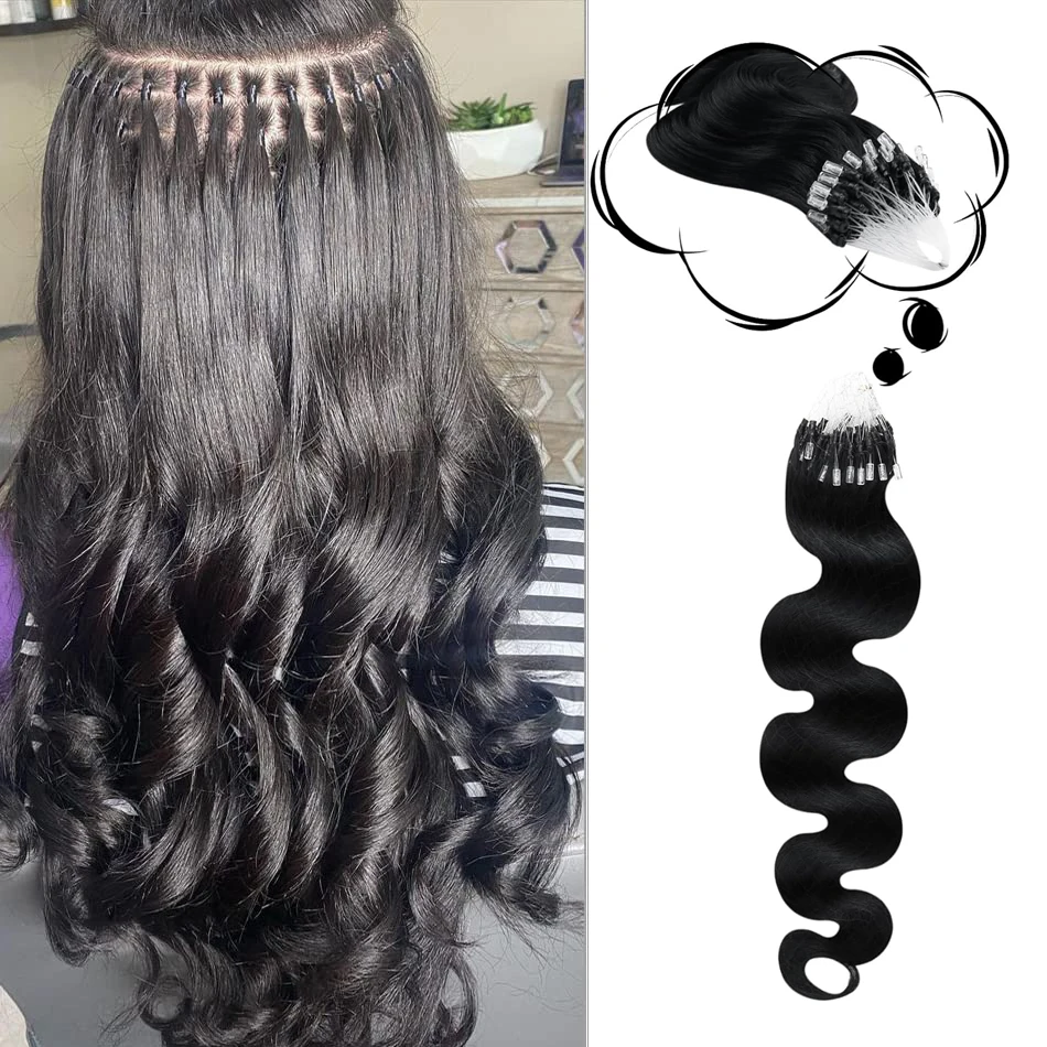 Body Wave Micro Loop Hair Extensions Stick Tipped Hair Fish Line Link Hairpiece Highlight Straight 50 Strands 50g Women #1B