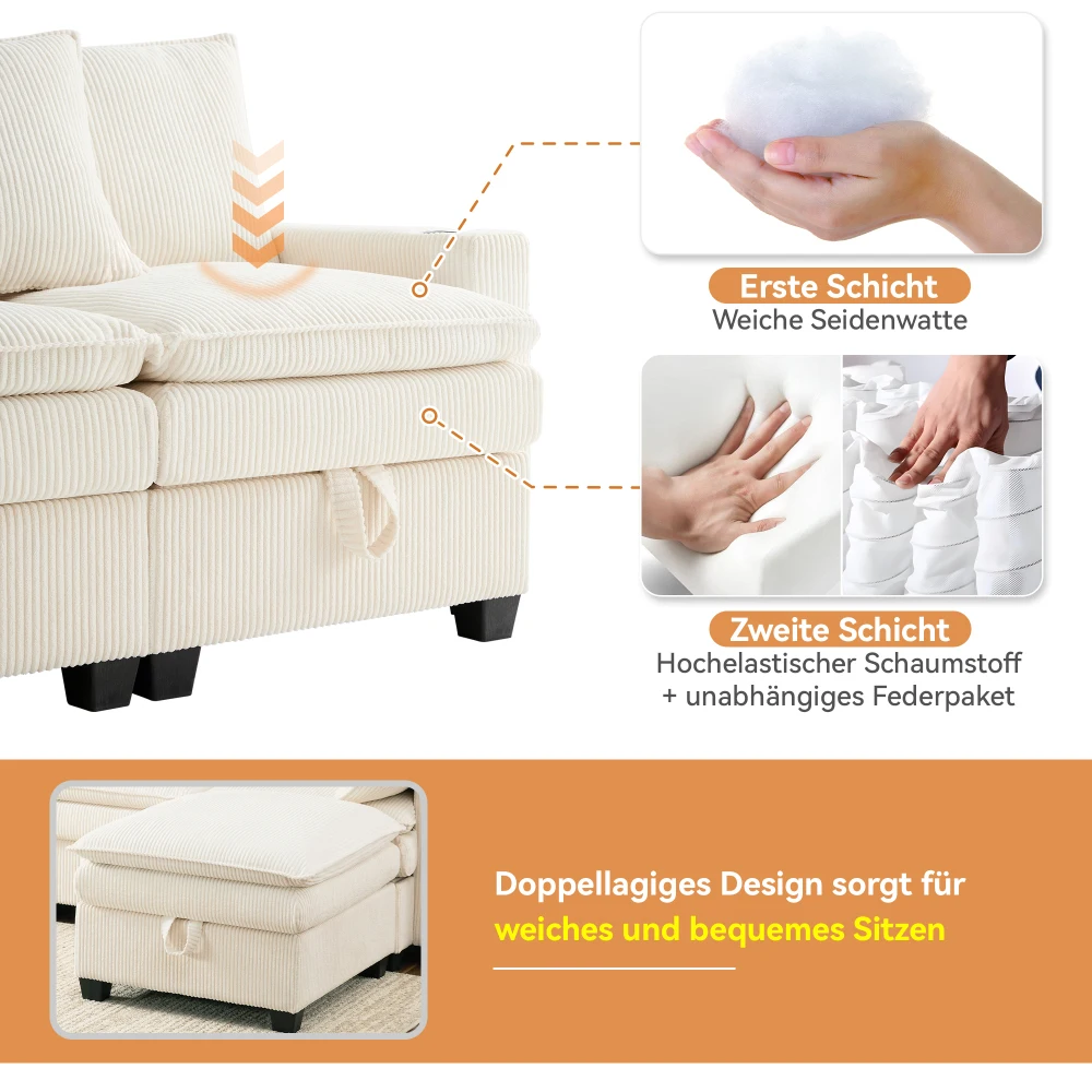 Modernes L-förmiges Sofa mit Kabelbefestigung, abnehmbarem Fußhocker, USB-Anschlüssen, Ablagefächern und Getränkehaltern, modulares Sofa – Detail 9