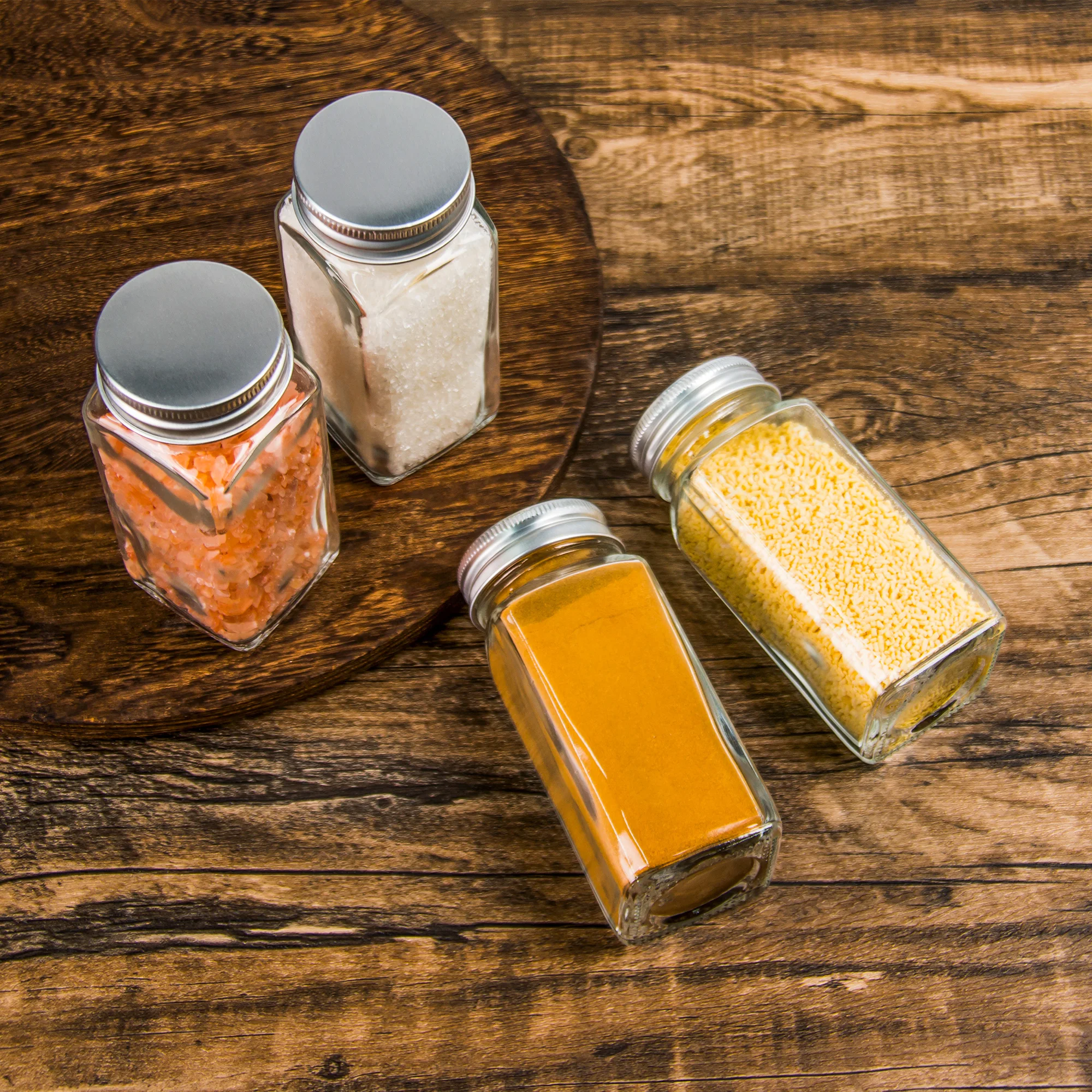 36 Pcs Glass Spice Jars Spice Labels 4oz Empty Square Bottles Shaker Lids Airtight Metal Caps