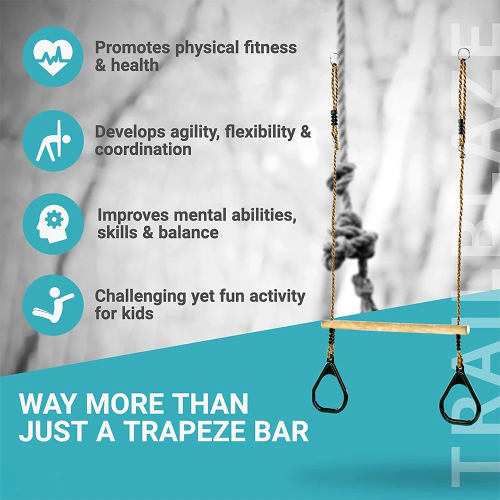 Wooden Trapeze with Plastic Gym Rings  Outdoor  Indoor Playground 2 in 1 Swing Set Accessories for Kids 3