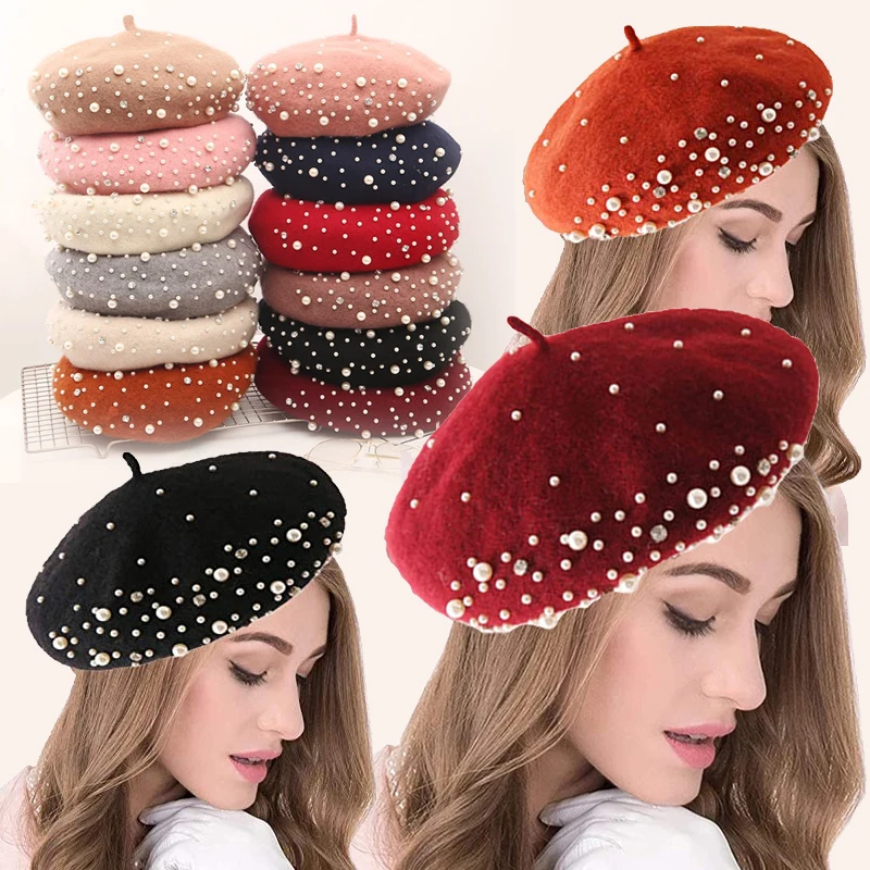 

Woolen Pearl Beret Woman Autumn-Winter Korean All-Matching Japanese Painter Hat British Retro Pumpkin Hat Woman