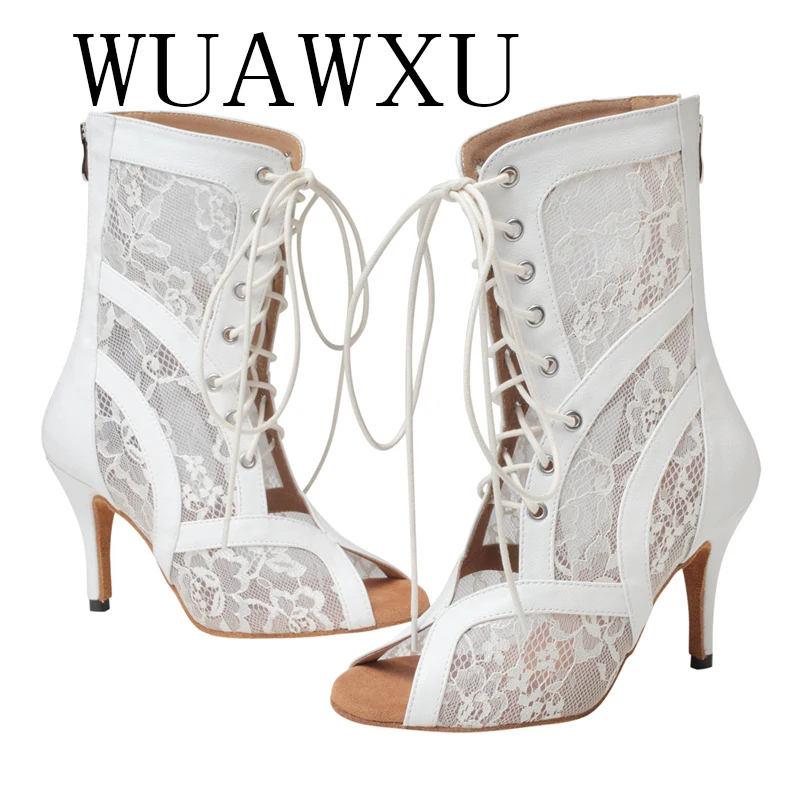 NATASHA New Dance Shoes Mesh Cool Boots Women's Summer Short Boots Hollow Lace Breathable Mesh Boots High Heel Dance Shoes Fish