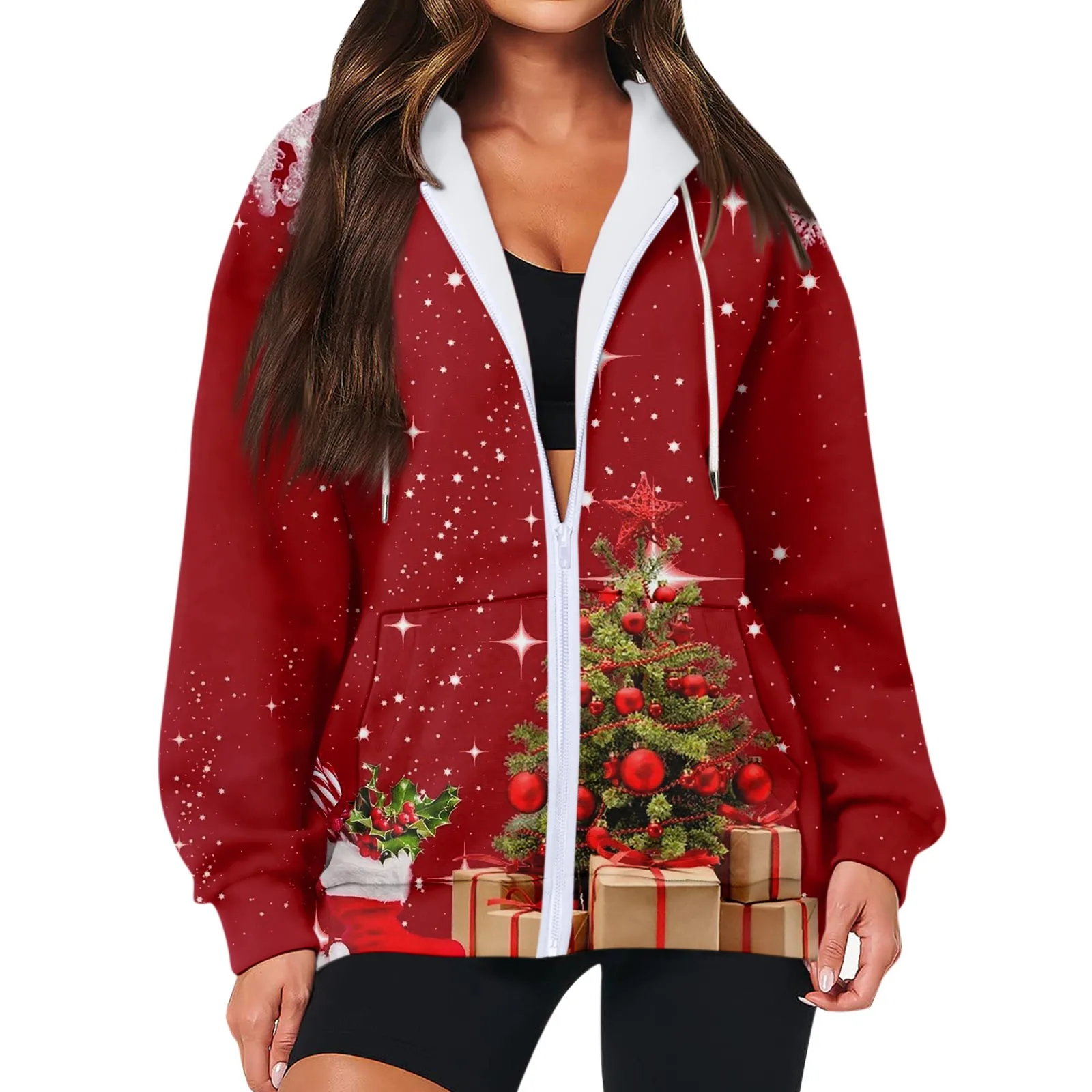 

Christmas Elements Printed Coat Women Fashion Party Hoodies Coat Zipper Sweatshirts Coat With Pocket Manteau Femme Hiver 2023