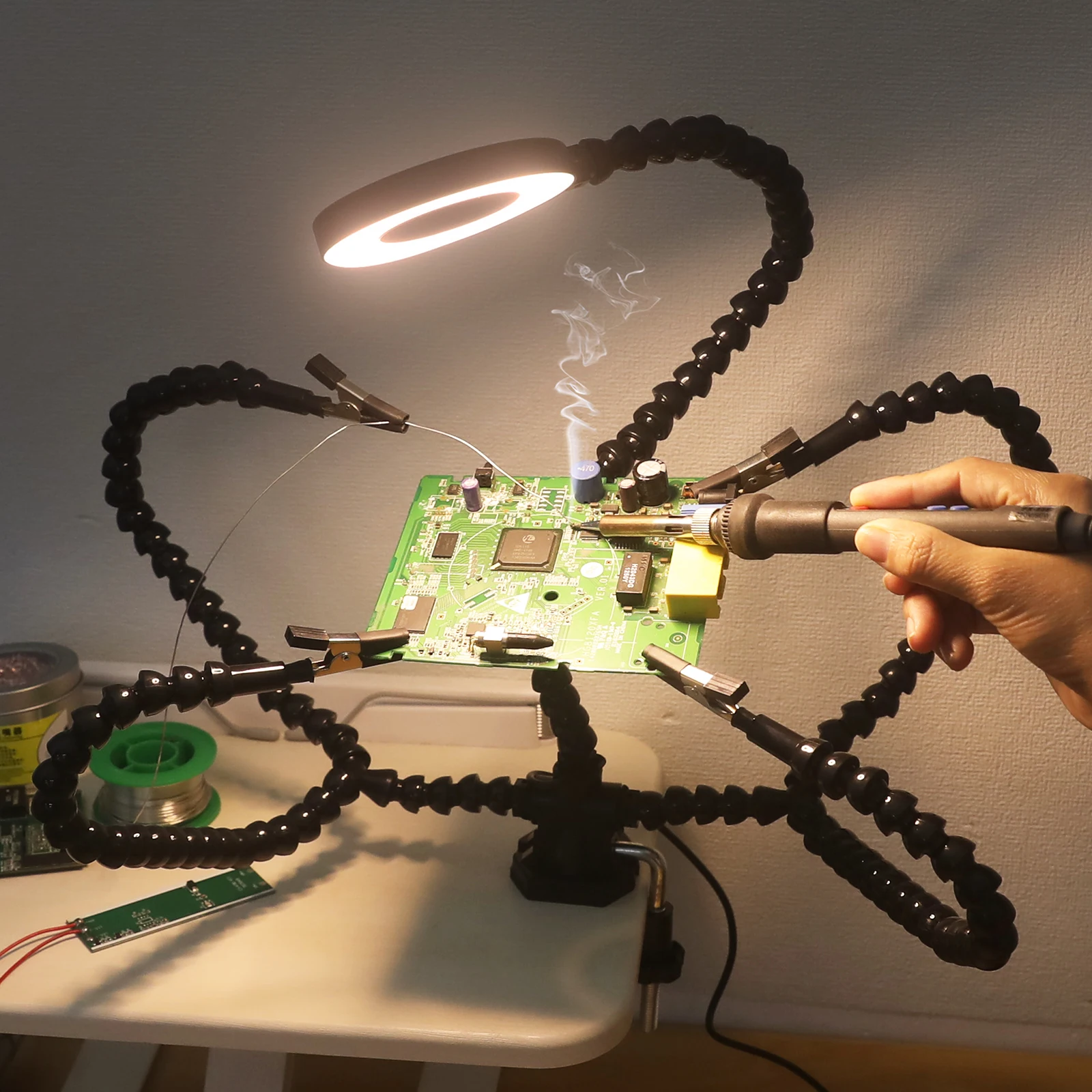 Table Clamp Soldering Third Hand with 3X USB Magnifier LED Light 5Pcs Flexible Arms PCB Holder Welding Repair Tool NEWACALOX soldering repair tool soldering magnifier soldering repair magnifier
