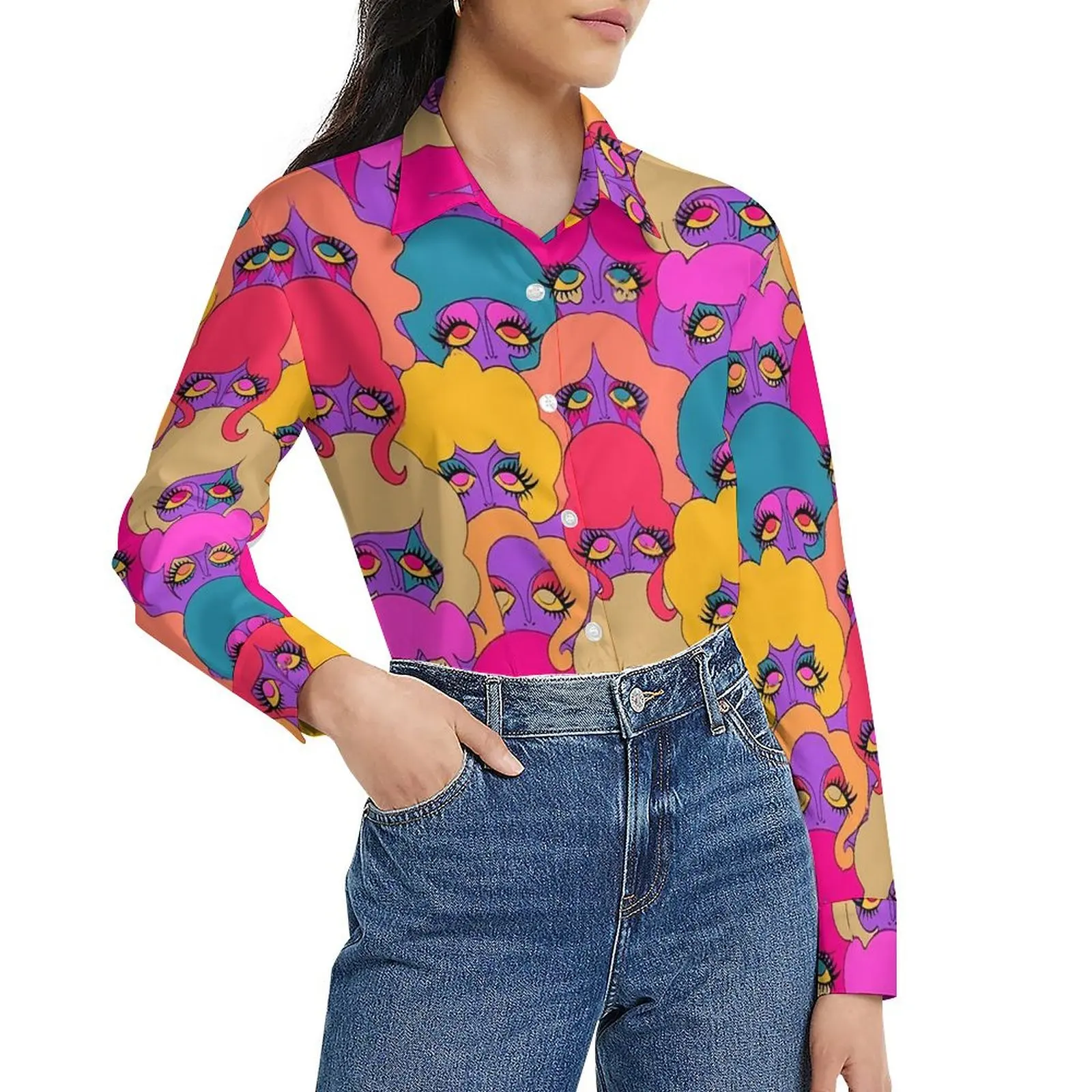 

Красочная женская блузка, веселые женские блузки с забавным принтом, женская уличная одежда, рубашка, Осенний Топ большого размера с длинным рукавом