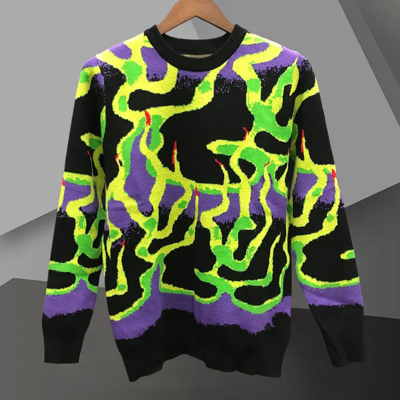 

Streetwear Casual Knit Clothing Contrast Color Stitching Sweater For Men Spring Print Knitte Sweater Men O-neck Long Sleeve