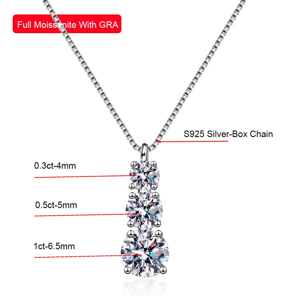 Serenity Day 1.8cttw D Color 3 Stones Full Moissanite Pendant Necklace For Women S925 Sterling Silver Plate Pt950 Fine Jewelry