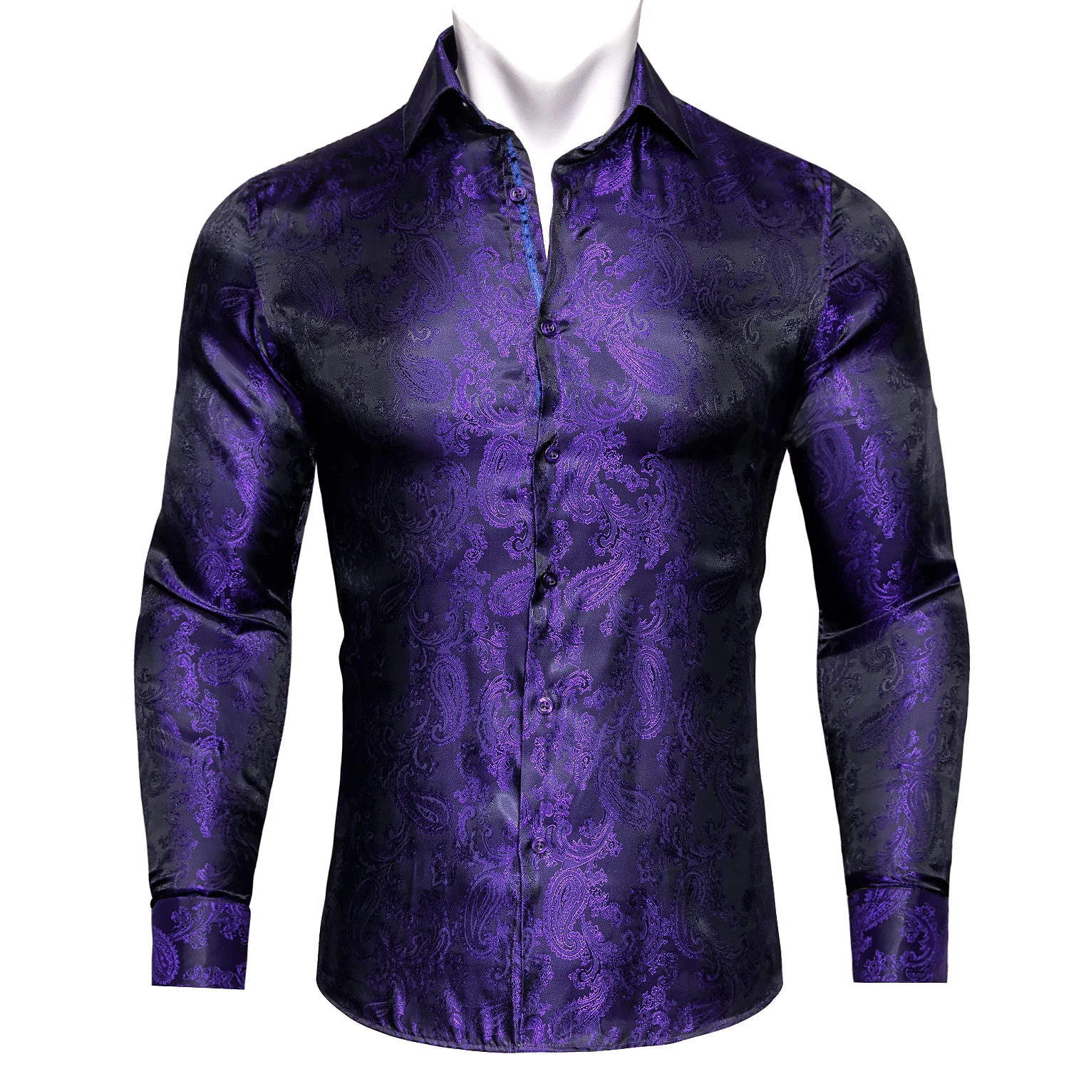 

Barry.Wang 4XL Luxury Purple Paisley Silk Shirts Men Long Sleeve Casual Flower Shirts For Men Designer Fit Dress Shirt BY-0088