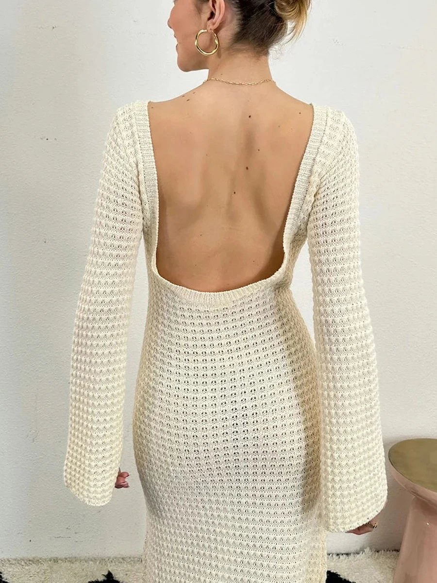 

Women Knit Maxi Dress Long Sleeve Crew Neck Backless Fall Long Dress Sweater Fall Spring Casual Dresses Cocktail
