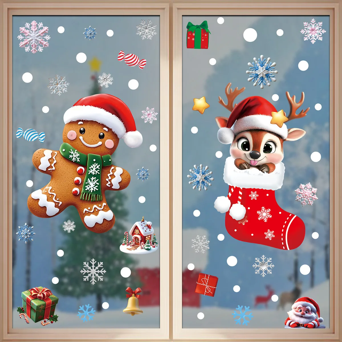 2/4 Blatt statische Aufkleber für Weihnachtsfenster, Weihnachtsmann, Rentier, Schneemann, doppelseitige Aufkleber, Winterurlaub, Weihnachten, Zuhause, Party-Dekorationen – Detail 17