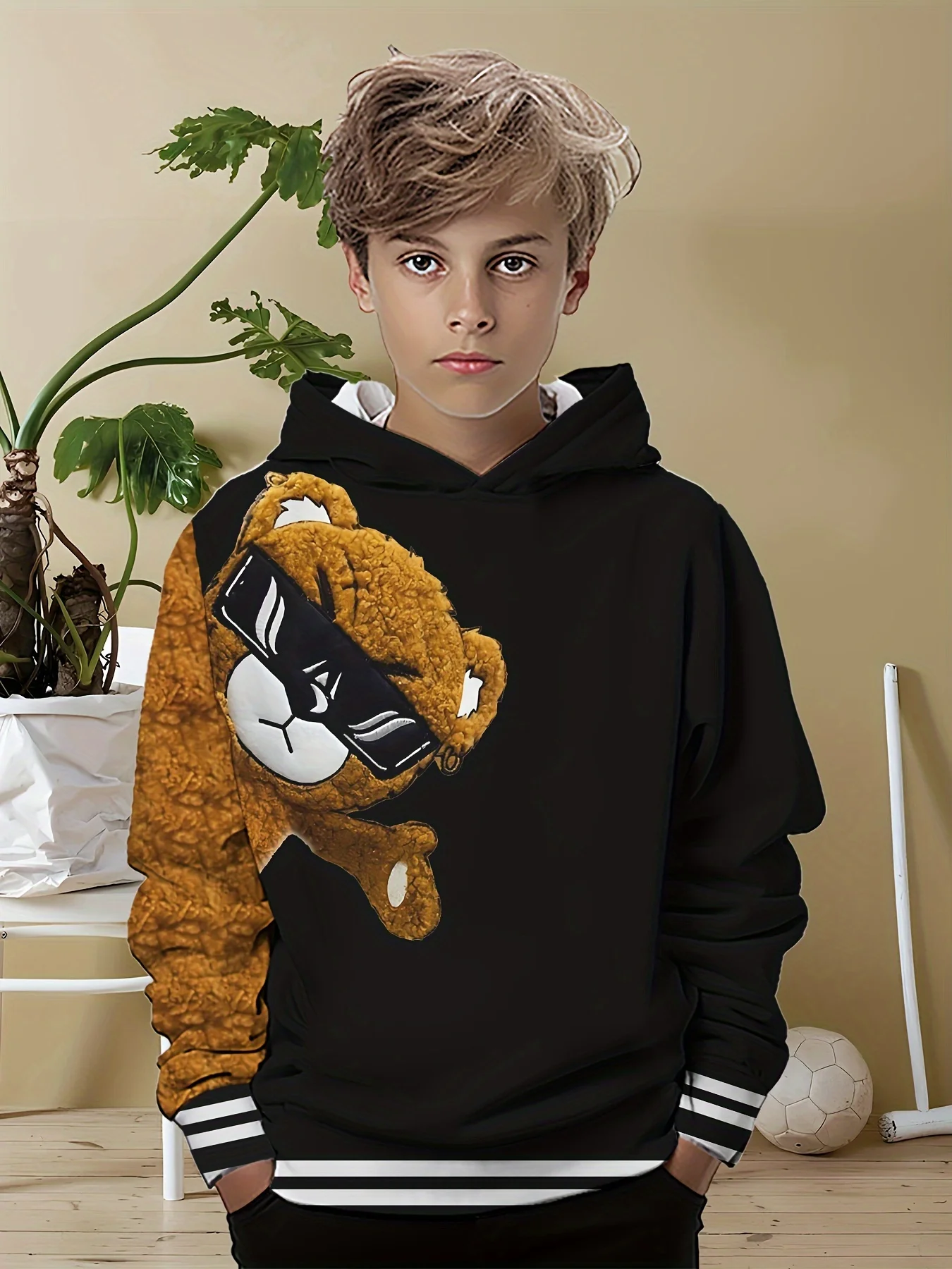 Smiling bpy wearing a colorful 3D hoodie with long sleeves, standing outdoors with playful energy bear
