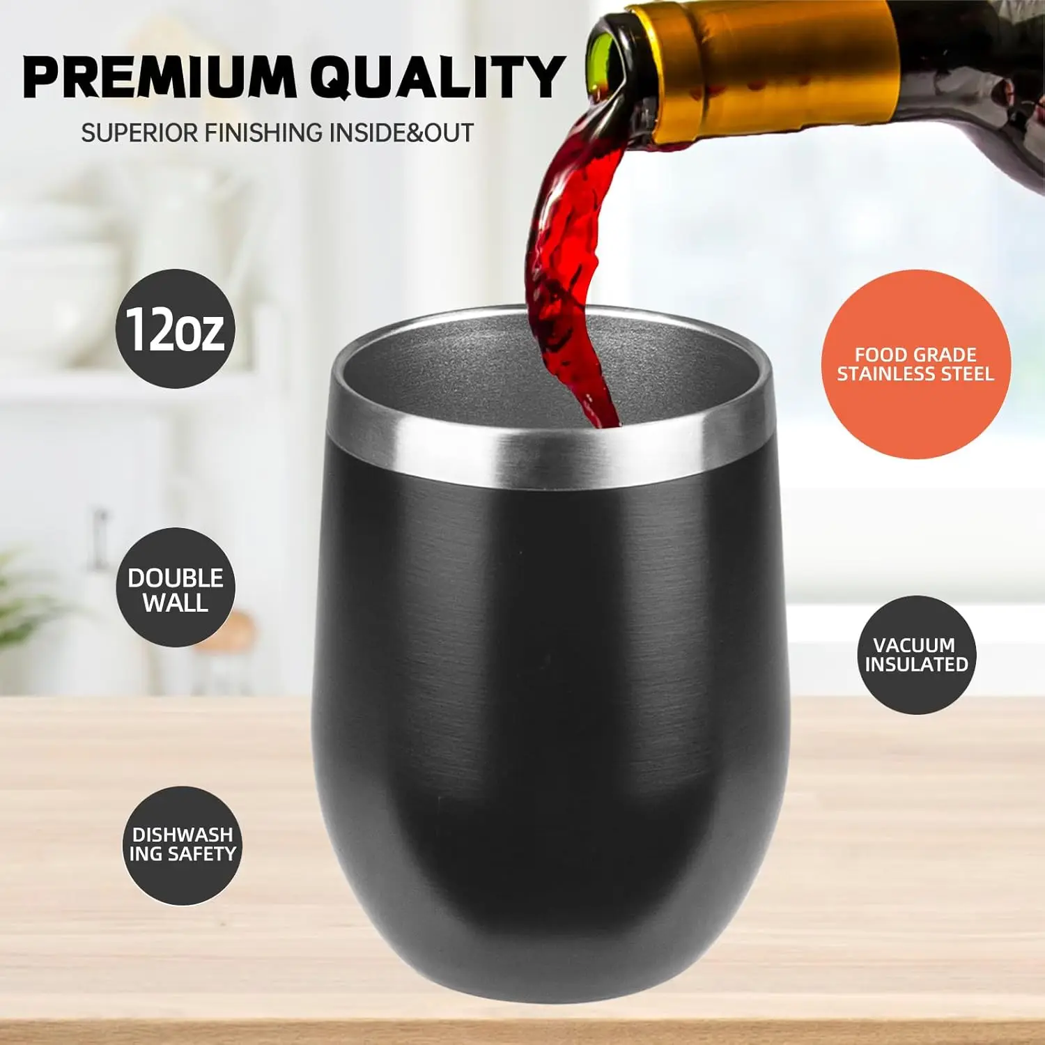 Insulated Stainless Steel Stemless Tumblers with Lids, 12 Oz
