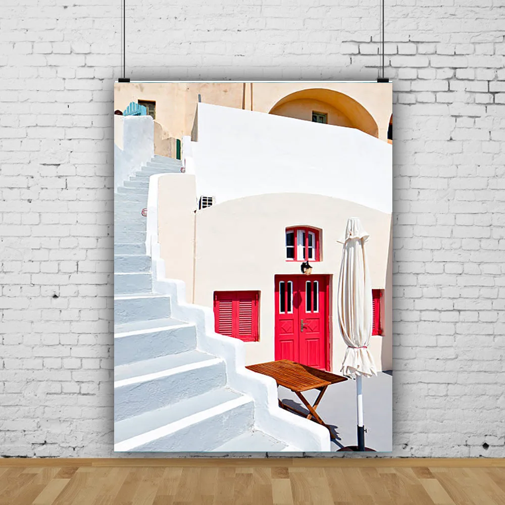 

Santorini Greek Aegean Sea Holiday Party Decoration Bay Town Architecture Flowers Stairs Photography Background XC-02