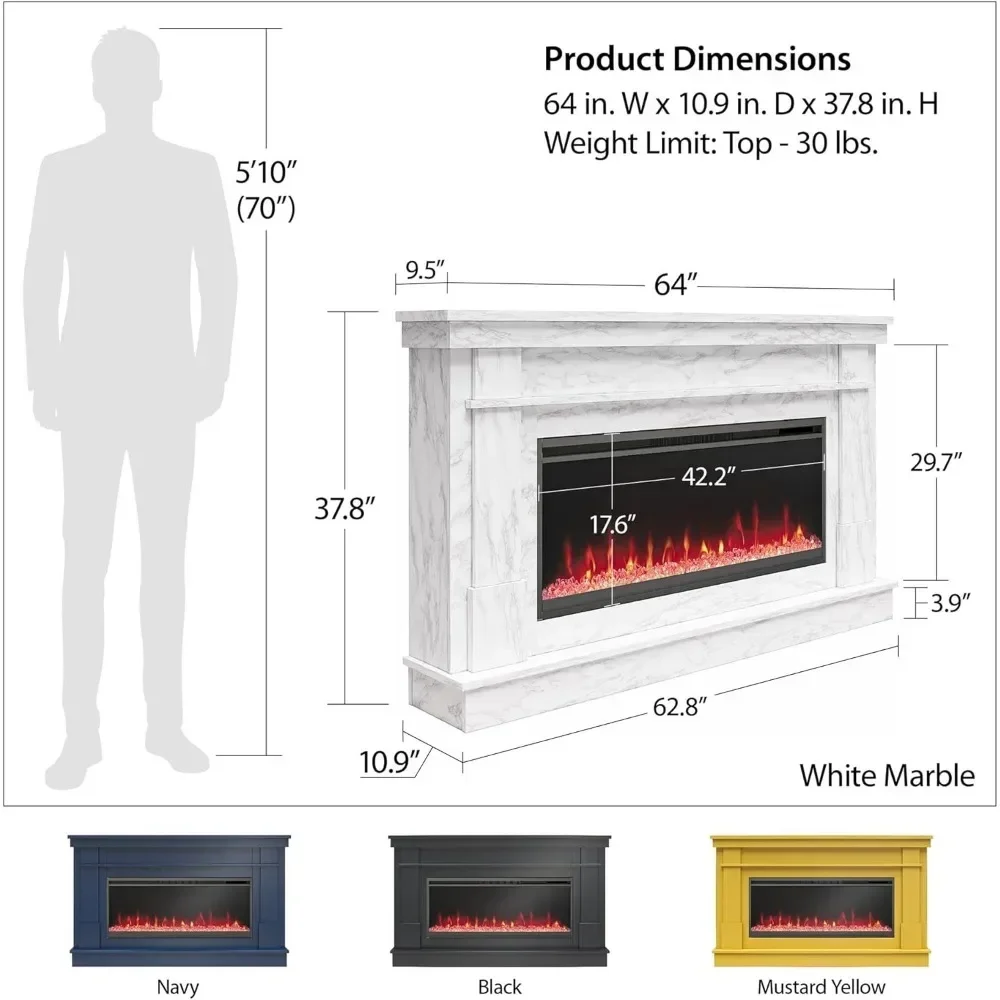 Waverly 64 Inch Electric Fireplace,Replaceable Fireplace Insert Heater, Remote Control,Timer,Color Changing Crystal Ember Flames 3