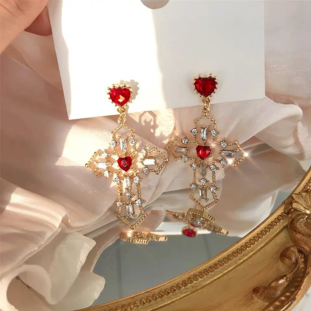 Fashion Red Heart Crystal Earrings Women's Cross Pendant Rhinestone Pendant Earrings Party Anniversary Gift  Jewelry for Women