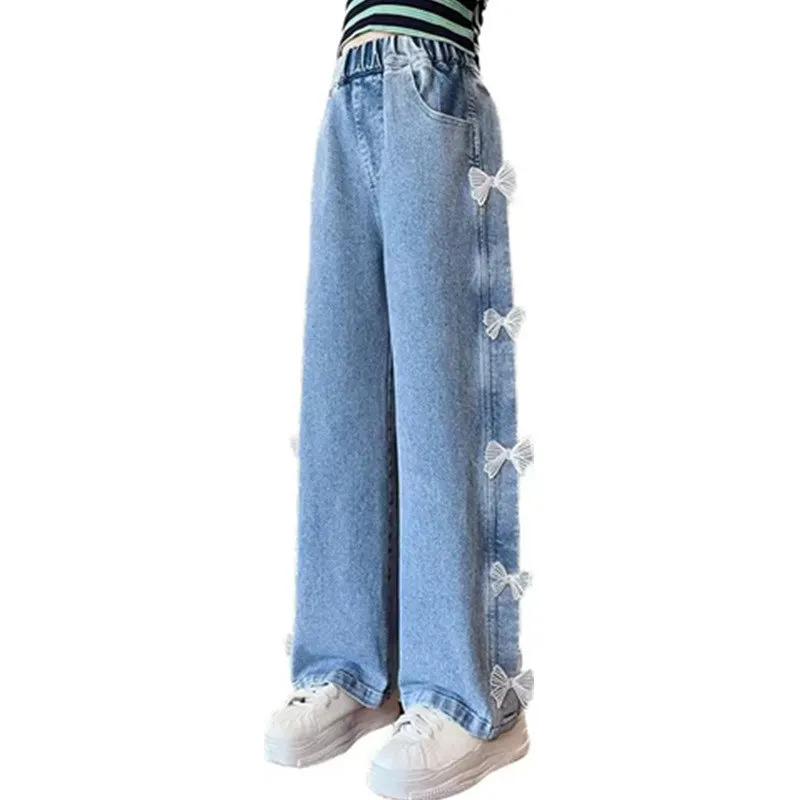 

Jeans for Girls Fashion Clothes for Teenagers Solid Loose Kids Wide Leg Pants with Butterfly Children Trousers Girl Clothing 14Y