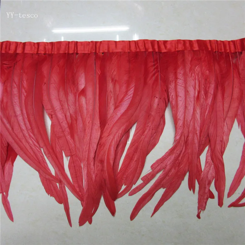 

wholesale 10 yards long red high quality natural rooster feather trims trimming with Satin Ribbon 30-35cm for women skirt