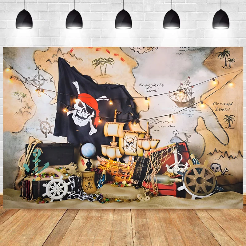 

Pirate Ship Photo Backdrop Boy Happy Birthday Party Treasure Adventure World Map Decoration Travel Photography Background Banner