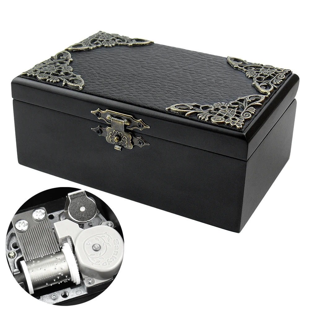 Rosiking Wooden Black Clockwork Music Box You are my sunshine Jewelry Box with Mirror For Frends Girl and Children Birthday Gift