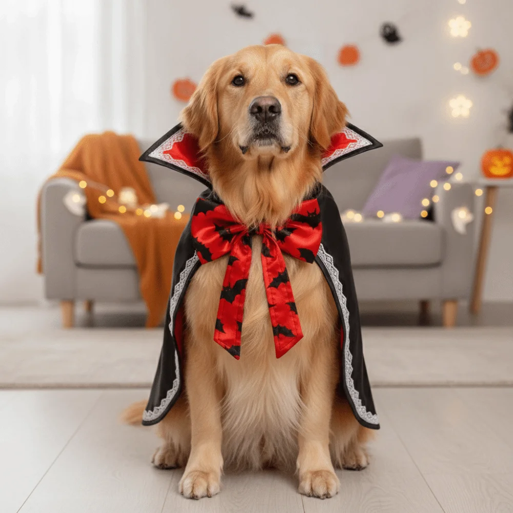 스탠드 칼라 애완동물 박쥐 망토 오픈형 가슴부분 부드러운 강아지 할로윈 케이프 골드 트림 넥타이 잠금 고양이 마법사 로브 카니발용