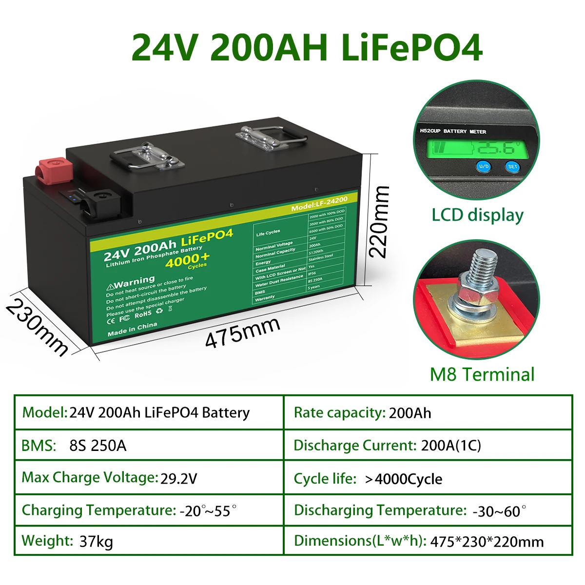 24V 200ah LiFePO4 Battery Built-in 100A BMS with Bluetooth ship from China