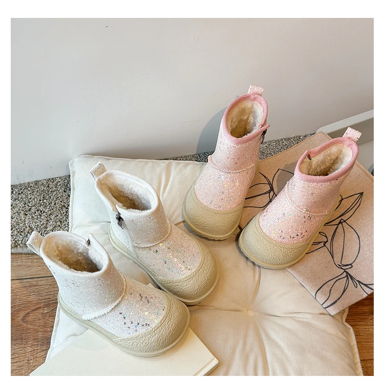 Bottes à paillettes en coton pour filles, taille 26-36, nouveau style hiver 2024, plus veet, deuxième chaussures décontractées pour enfants et bébé_voghion.com