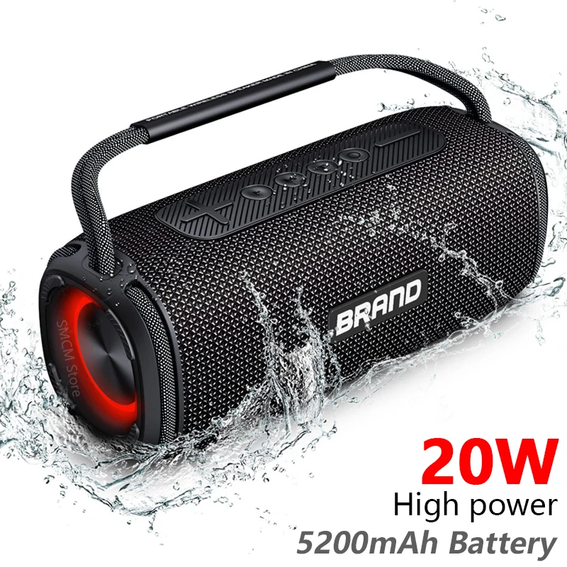 

20W High Power caixa de som Bluetooth Speaker LED Hi-Fi Audio Waterproof Portable Column Subwoofer Music Center Hands-free Call