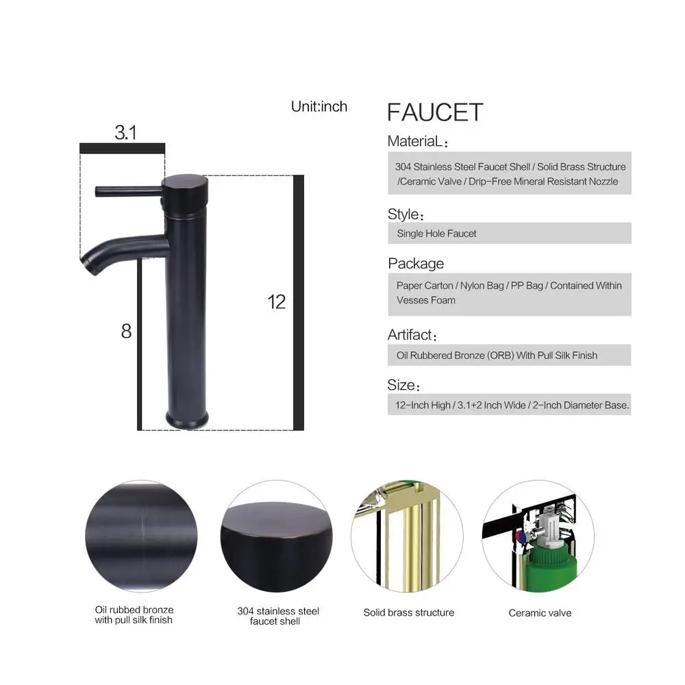 Modern Glass Vessel Sink Basin Set with ORB Faucet Countertop Combo Kit and Pop-up Drain Unique Transparent Design Durable 6