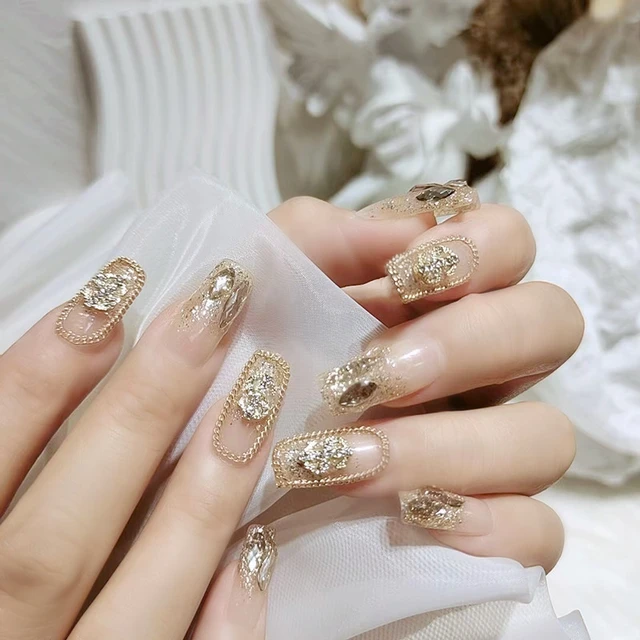 24Pcs Luxe Shining Rhinestone Wedding False Nails Transparent Glitter Gems  Crown Designed Square Full Short Fake Art Bride - AliExpress
