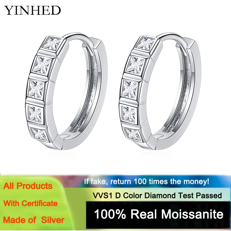 

YINHED S925 Sterling Silver Plated with PT950 Platinum Jewelry Earrings Female Half Circle Square Moissanite Small Hoop Earring