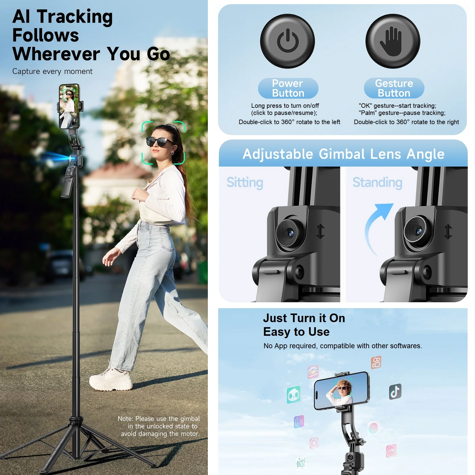 Trépied P02 avec suivi de visage et rotation 360 pour smartphone Trépied P02 avec suivi de visage et rotation 360 pour smartphone