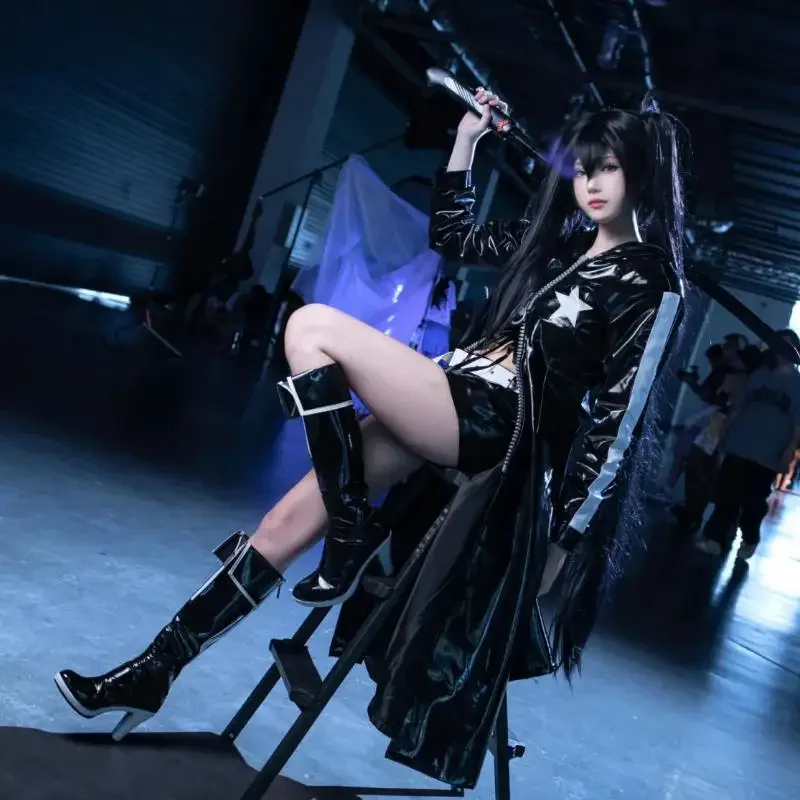 

Anime BRS Black Rock Shooter Cosplay Costume PU Leather With Trench Shorts Bra